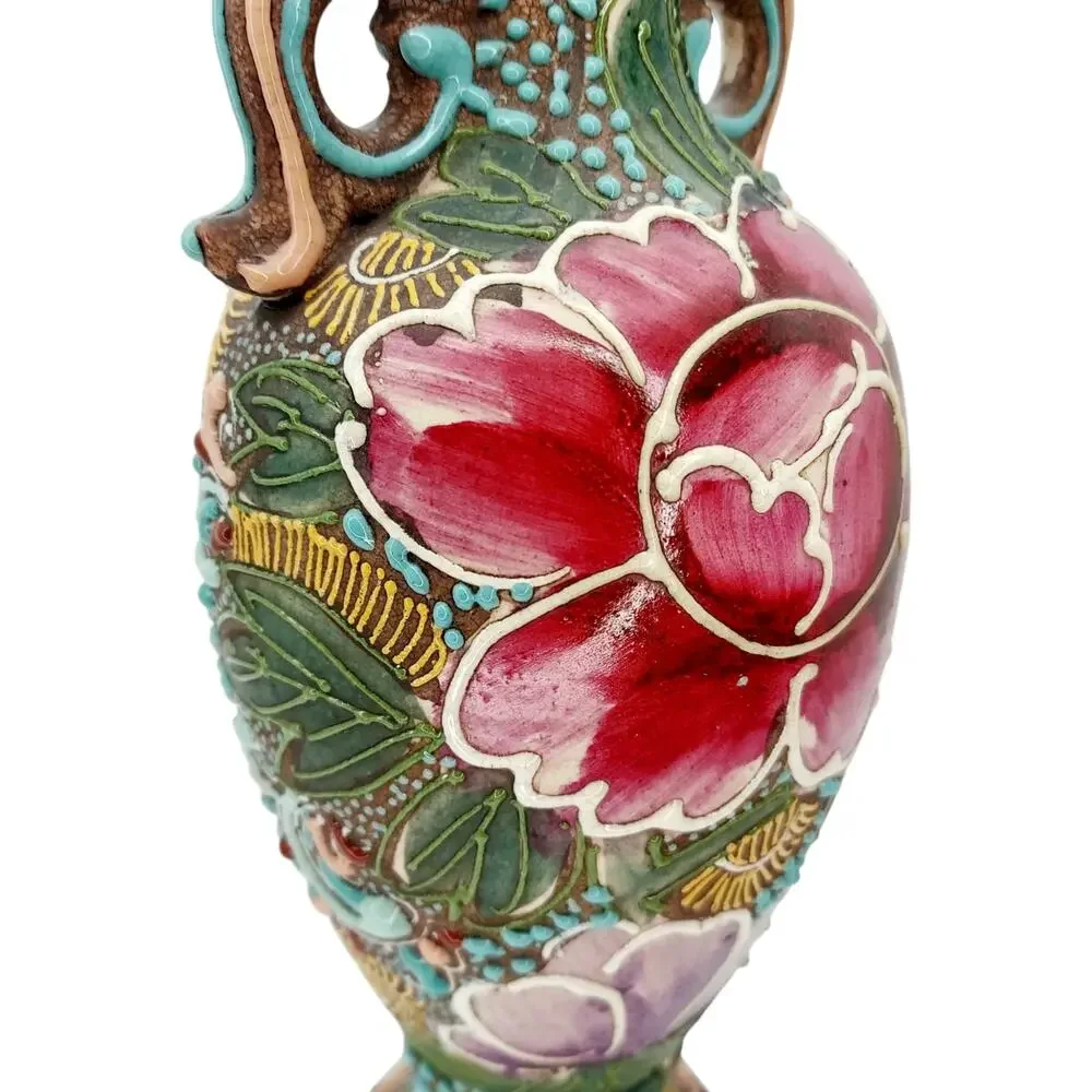 Antique Japanese Satsuma Earthenware Vase Urn Heavy Moriage  Hand Painted Floral
